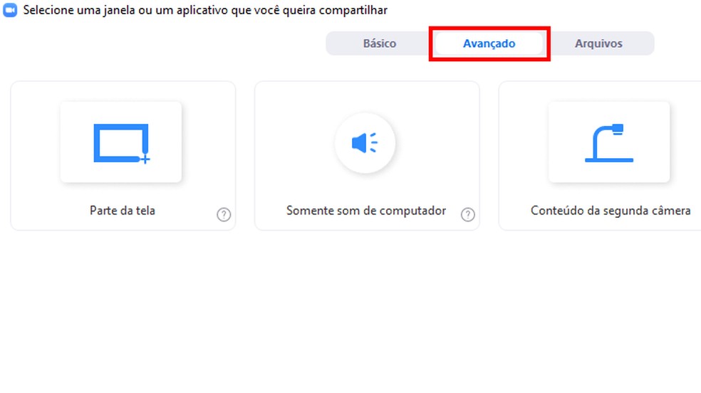 Compartilhe região da tela, segunda câmera ou apenas som — Foto: Reprodução/Paulo Alves