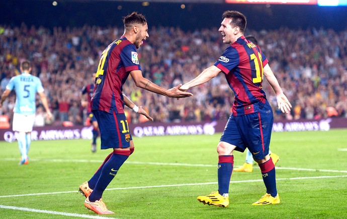 Neymar e Messia comemoração gol do Barcelona contra Eibar (Foto: Agência AP)