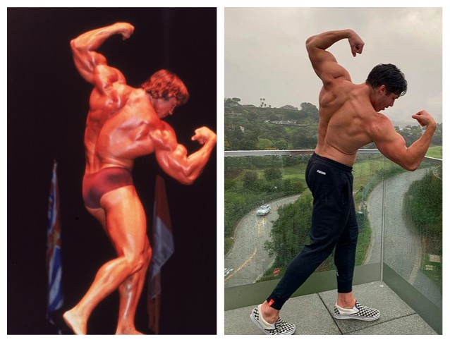 O jovem Joseph Baena, filho do ator Arnold Schwarzenegger, reproduzindo uma pose feita pelo pai em um concurso de musculação do ano de 1976 (Foto: Instagram/Getty Images)