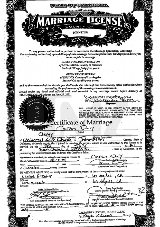 Certidão de casamento de Gwen Stefani e Blake Shelon (Foto: Reprodução/TMZ)