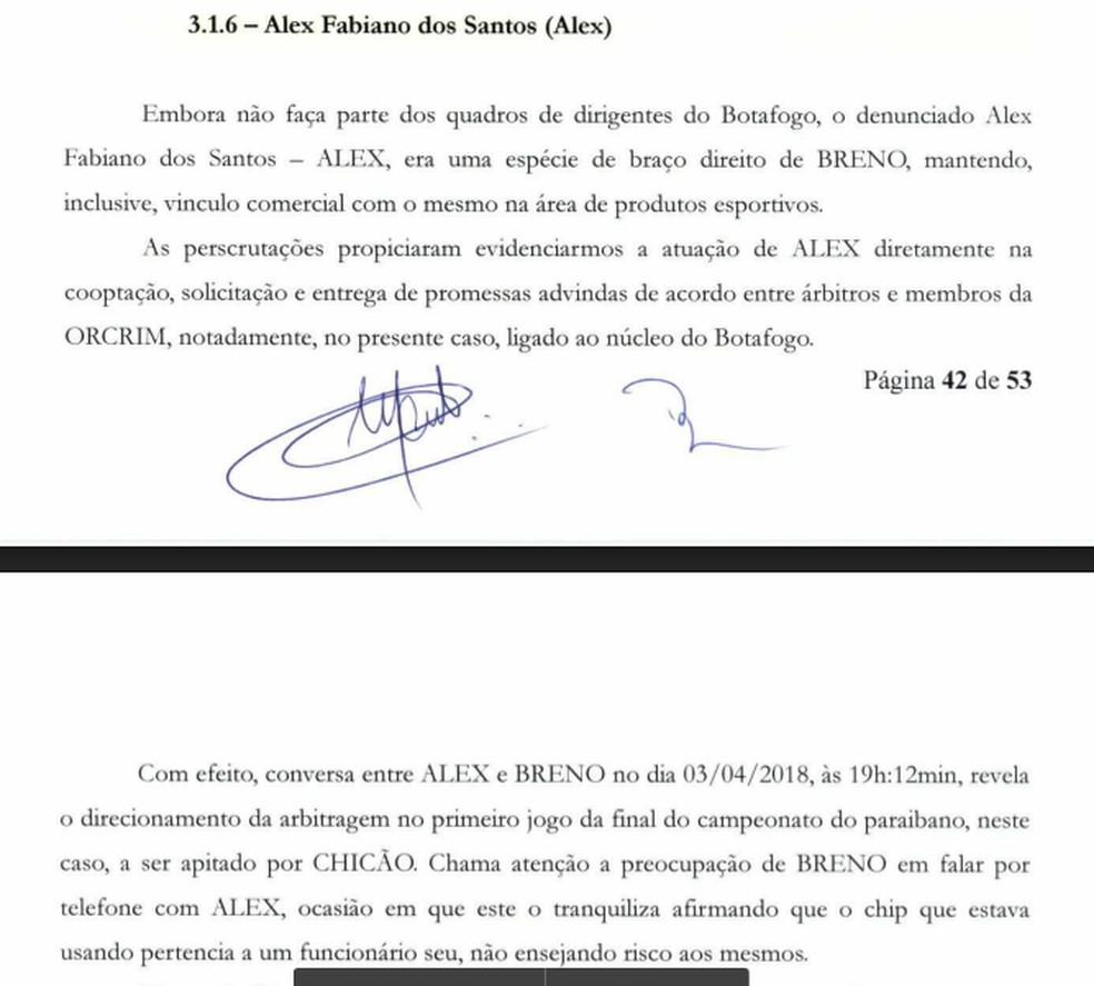 Parte da denúncia que cita Alex Fabiano (Foto: Reprodução Ministério Público da Paraíba)