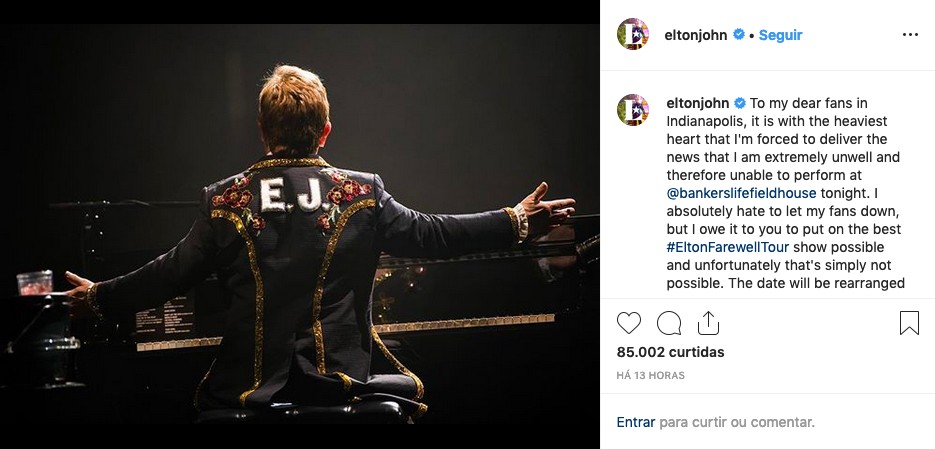 O post de Elton John no Instagram anunciando o cancelamento de seu show em Indianápolis (Foto: Instagram)