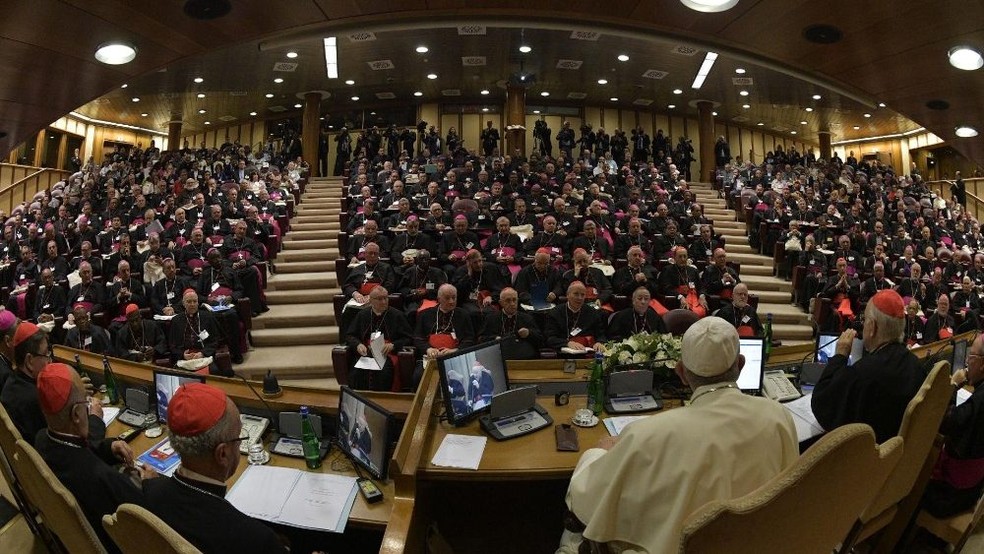 Papa Francisco com os participantes da assembleia especial do Sínodo dos Bispos sobre a Amazônia — Foto: Divulgação/Vatican News