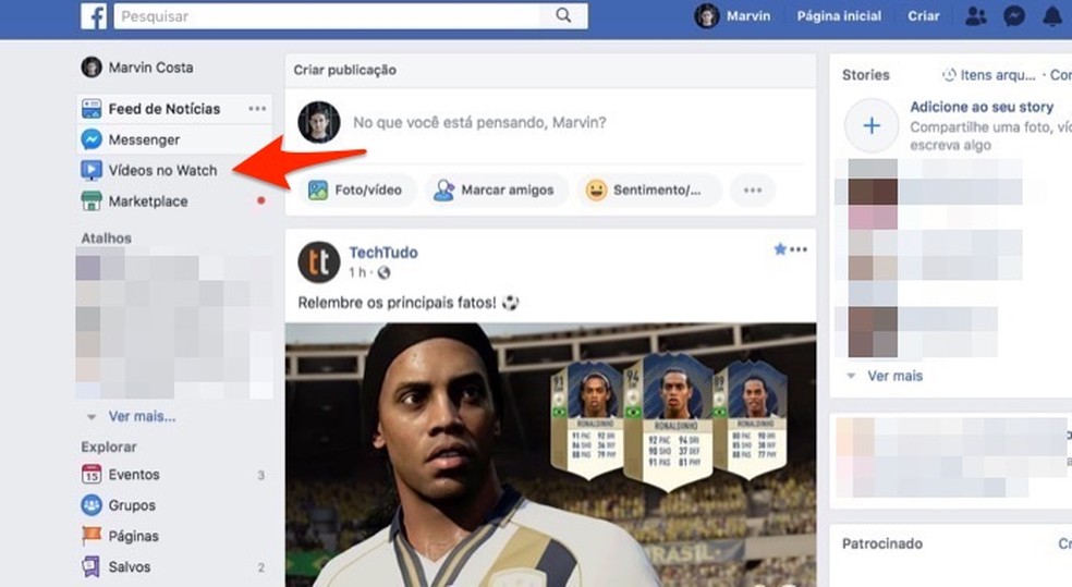 Ação para acessar o Facebook Watch pelo PC — Foto: Reprodução/Marvin Costa