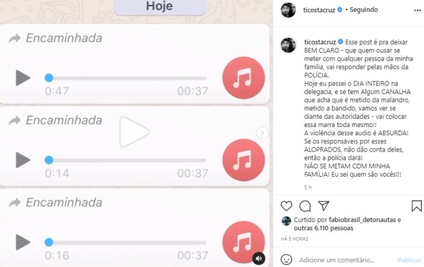 Tico Santa Cruz posta após ameaças (Foto: Reprodução/Instagram)