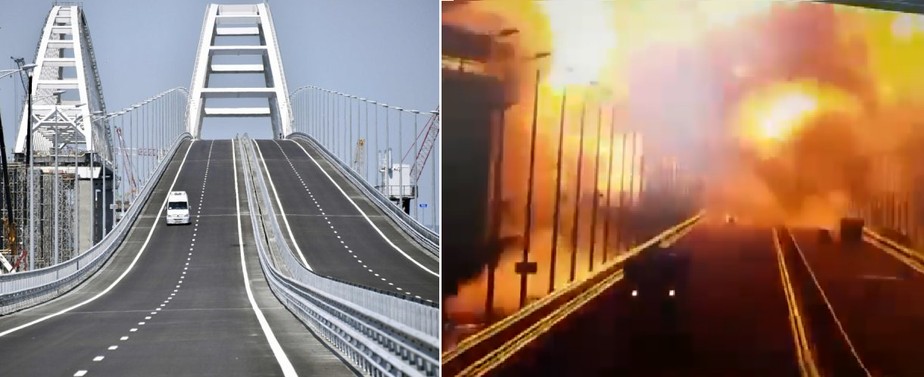 O vão central da Ponte do Estreito de Kerch e o trecho atingido pela explosão