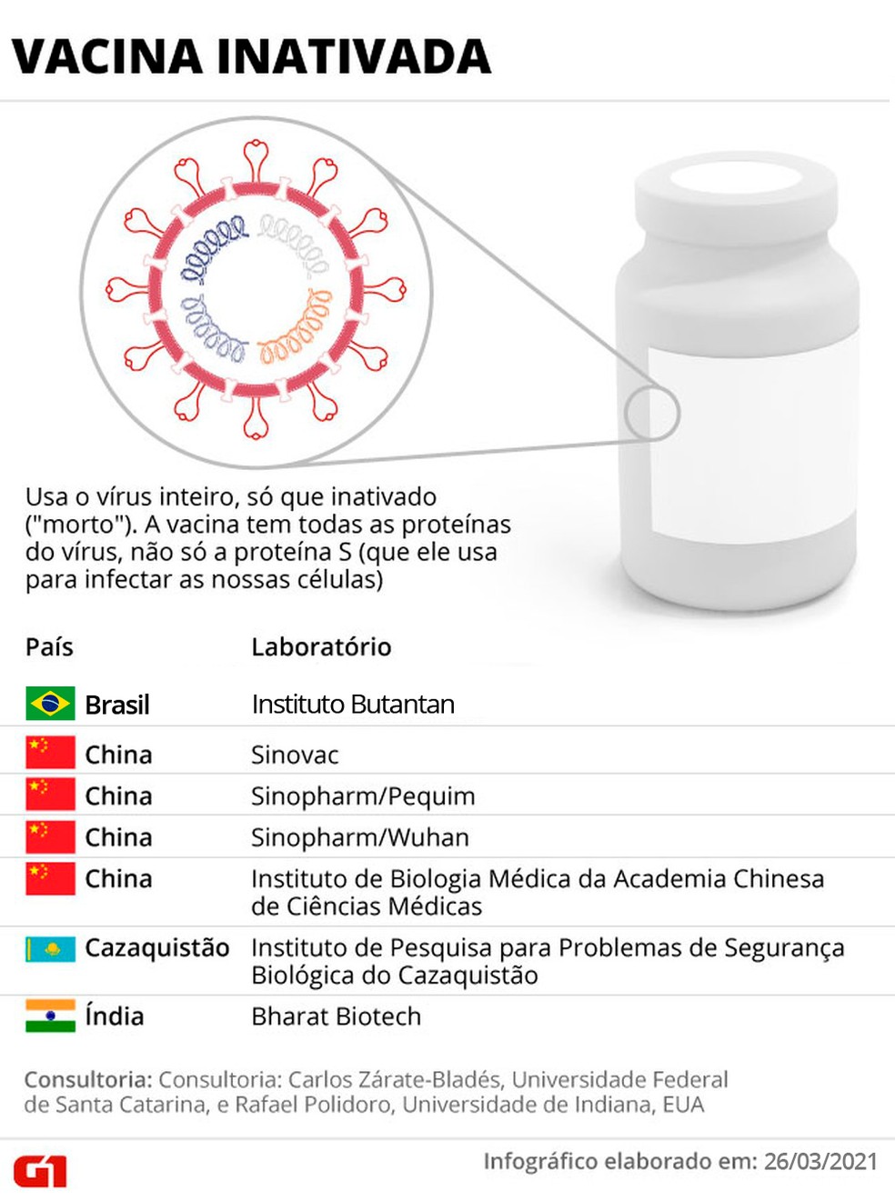 Infográfico mostra como funcionam vacinas inativadas contra o coronavírus — Foto: G1
