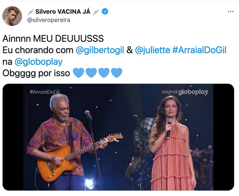 Silvero Pereira disse ter se emocionado com a apresentação da dupla Juliette e Gilberto Gil — Foto: Reprodução/Internet