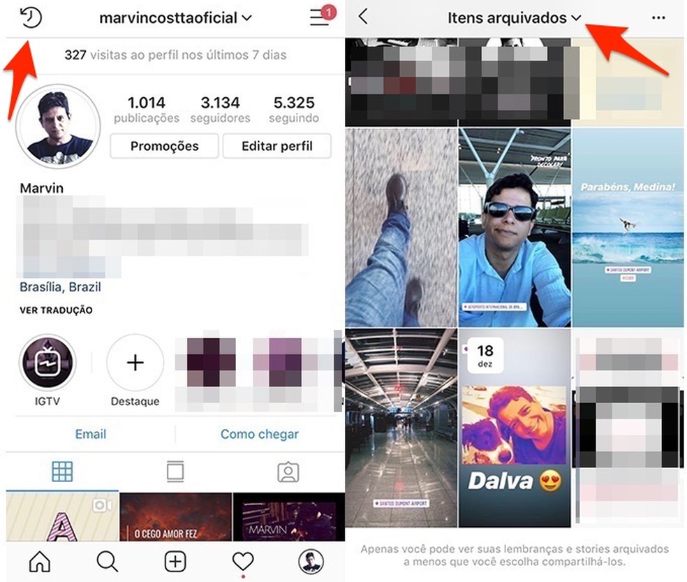 Ação para acessar a configuração de itens arquivados do Instagram  — Foto: Reprodução/Marvin Costa