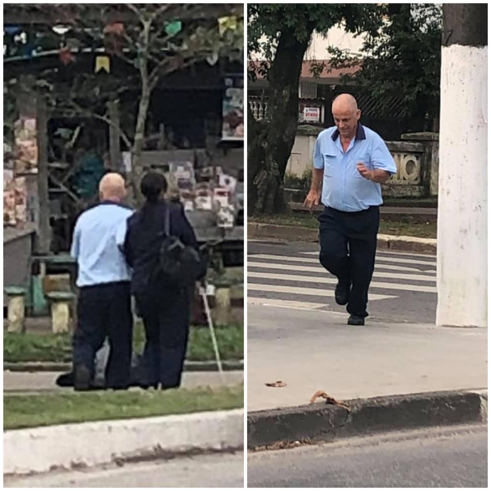 Motorista ajuda deficiente visual a atravessar rua de Santos, SP â Foto: Arquivo Pessoal/Wanderson PlÃ¡cido