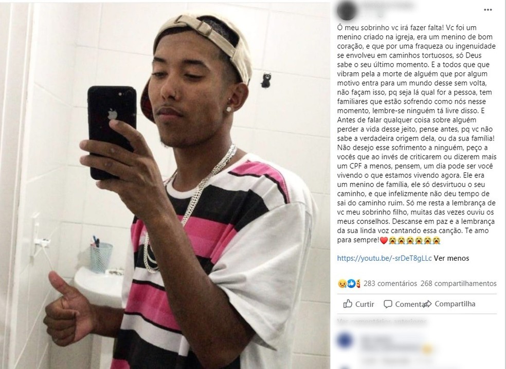 Tia faz desabafo ao saber que sobrinho foi morto em assalto — Foto: Reprodução/Facebook