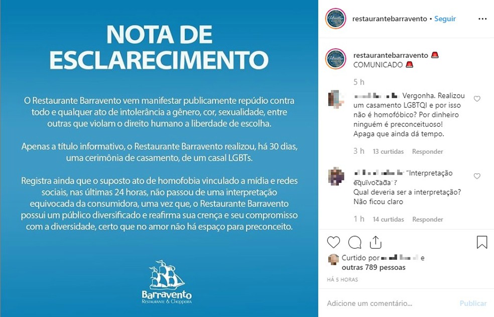 Restaurante publicou nota de esclarecimento e depois apagou — Foto: Reprodução/Redes Sociais