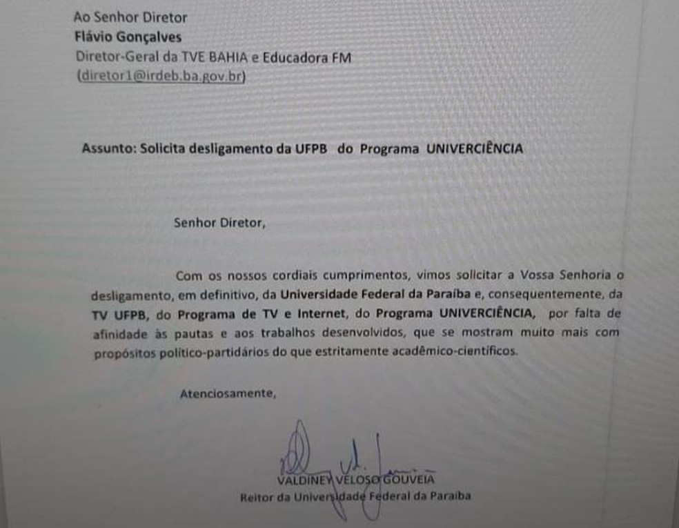 Documento assinado pelo reitor retira UFPB de consórcio com outras instituições do Nordeste — Foto: UFPB/Reprodução