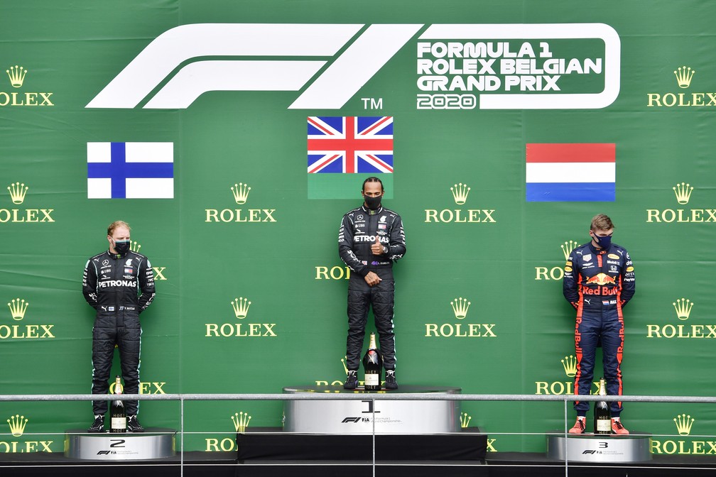 Bottas, Hamilton e Verstappen no pódio de Spa-Francorchamps — Foto: Getty Images