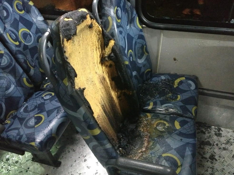 Bancos de ônibus urbano ficam danificados em incêndio criminoso (Foto: Bombeiros de São Lourenço)
