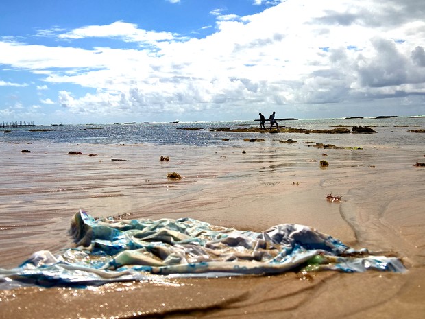 Espécie de fralda descartavél é abandonada em praia (Foto: Waldson Costa / G1)