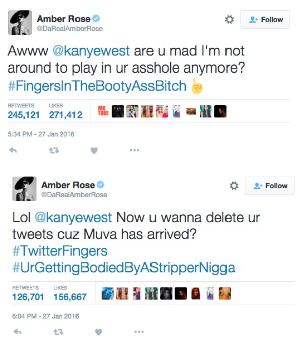 Os tuítes de Amber Rose direcionados a Kanye West (Foto: Twitter)