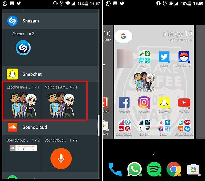 Selecione o widget do Snapchat que deseja adicionar à tela inicial do Android (Foto: Reprodução/Elson de Souza)