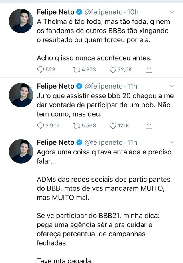 Felipe Neto faz declarações sobre o BBB no Twitter (Foto: Reprodução/Instagram e Twitter)