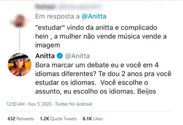 Internauta afirma que Anitta vende a imagem, não música (Foto: Reprodução/Twitter)