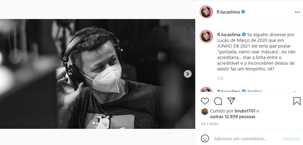 Lucas Lima fez um post pedindo que as pessoas continuem usando máscara — Foto: Reprodução/Instagram/LucasLima