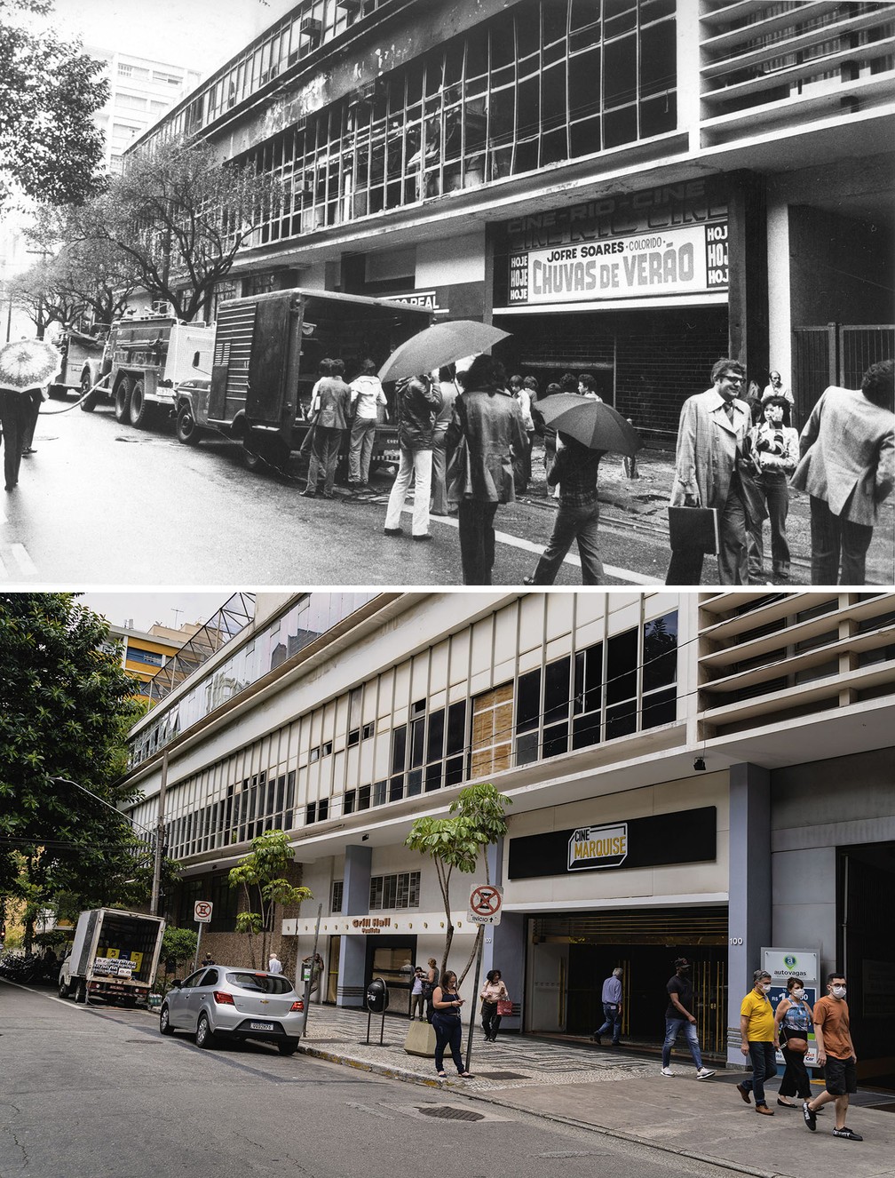 Combinação de fotos mostra o shopping Conjunto Nacional na Rua Augusta, nas imediações da Avenida Paulista, um dia após um incêndio que tomou parte de sua estrutura em 1978 e, na foto seguinte, em 2021  — Foto: Claudine Petroli/Estadão Conteúdo/Arquivo; Marcelo Brandt/g1