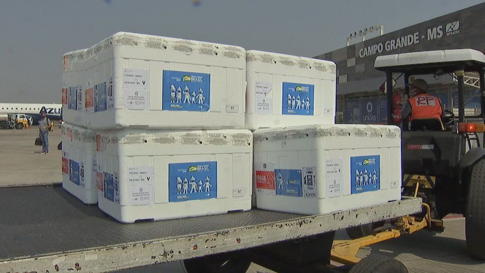  Lote com 106,3 mil doses da CoronaVac desembarcou no aeroporto internacional de Campo Grande — Foto: Eduardo de Almeida/TV Morena