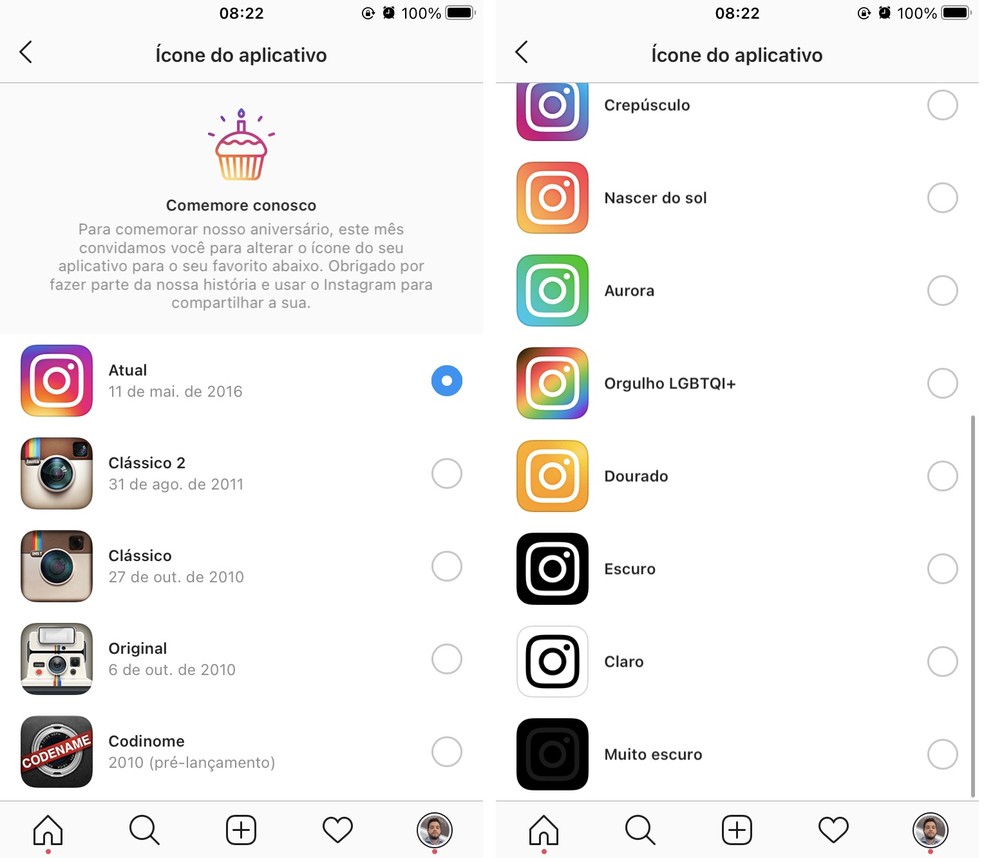 Instagram permite mudar ícone do app no aniversário de 10 anos — Foto: Reprodução/Rodrigo Fernandes