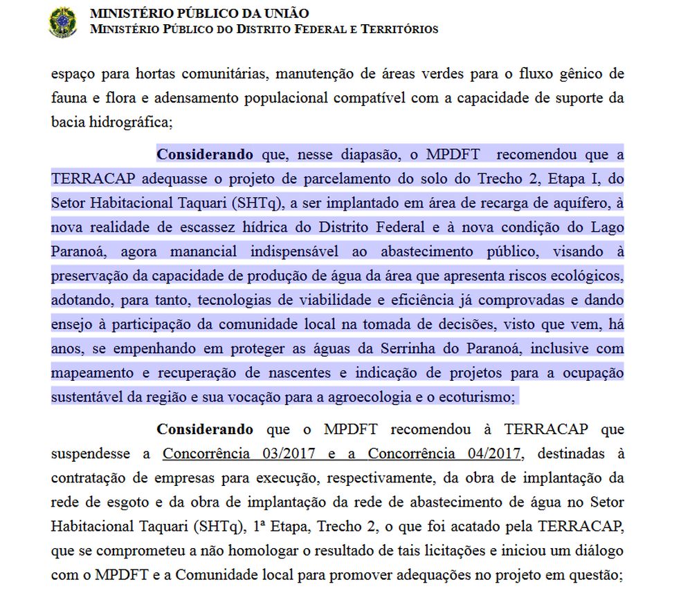 Trecho da recomendação do MP sobre ocupação do Setro Habitacional Taquari (Foto: MP/Reprodução)