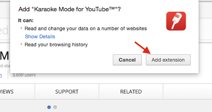 Confirmando a instalação da extensão Karaoke Mode for YouTube no Google Chrome (Foto: Reprodução/Marvin Costa)
