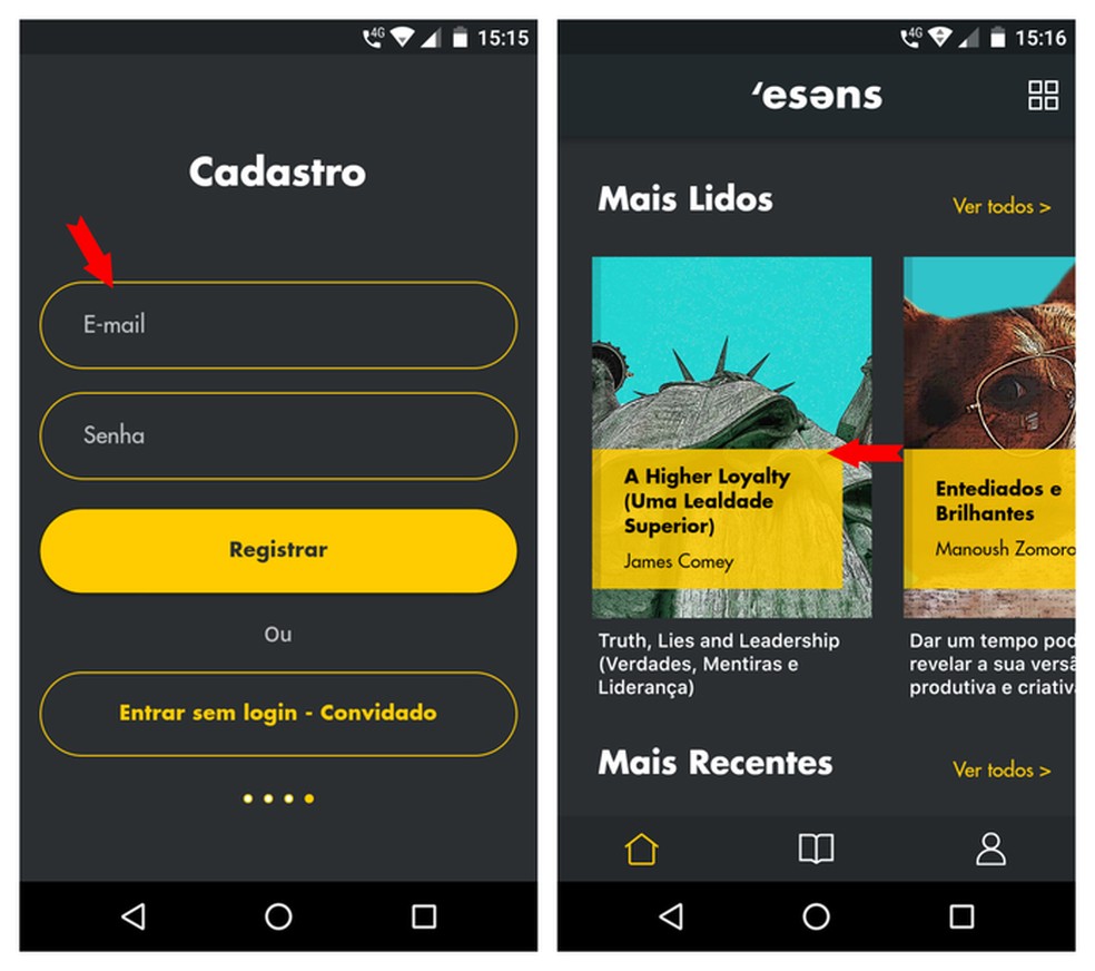 Leitor tem acesso a diversos livros no app Esens após cadastro rápido — Foto: Reprodução/Adriano