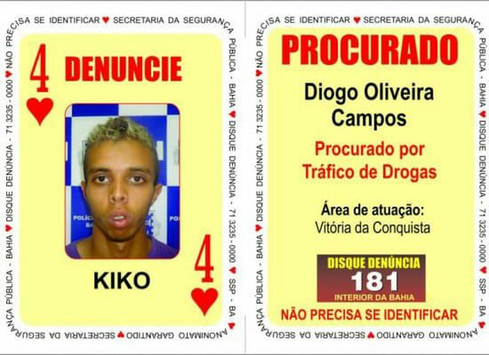Cartaz da polícia da Bahia anunciando a procura do traficando conhecido como 'Kiko'. — Foto: Reprodução/Governo da Bahia