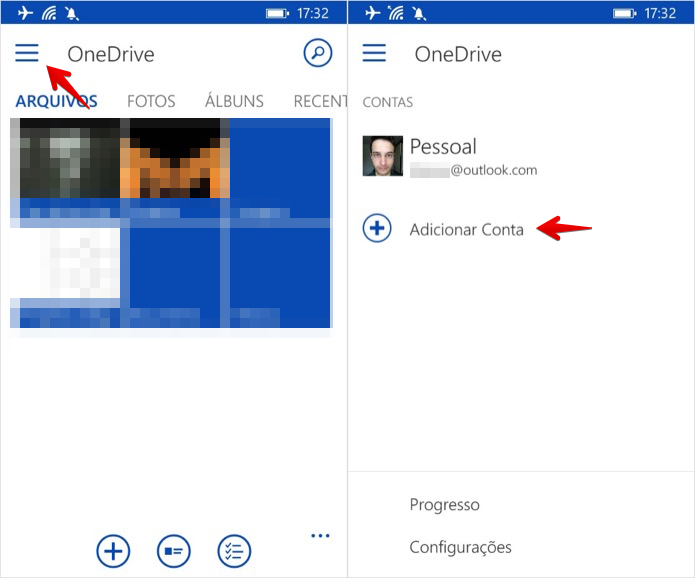 Acesse o menu do aplicativo do OneDrive (Foto: Reprodução/Helito Bijora)