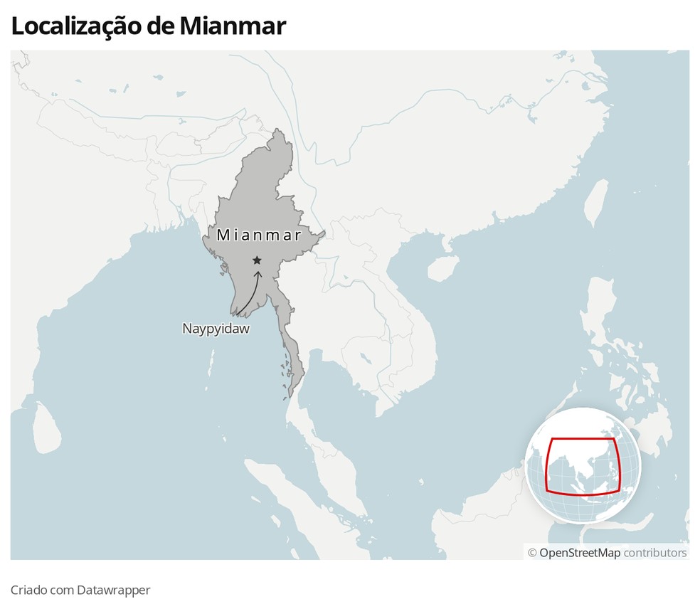 Mapa mostra localização de Mianmar e da capital, Naypyitaw — Foto: G1