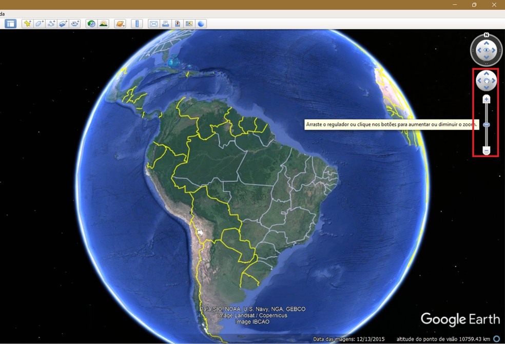 Zoom do Google Earth Pro permite aproximar ou afastar de mapas com facilidade — Foto: Reprodução/Caroline Silvestre