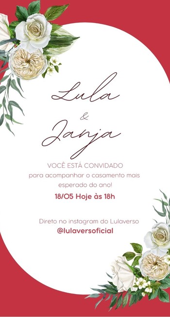 Perfil promete transmitir o casamento de Lula e Janja 