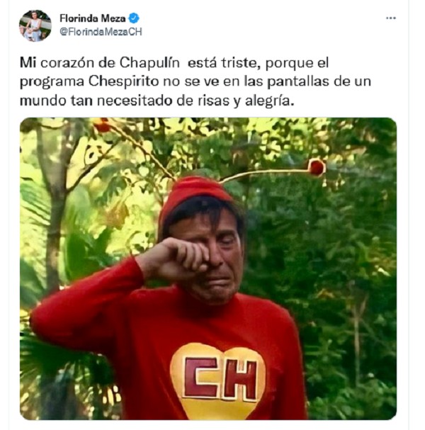 Um dos posts de Florinda Meza, intérprete da Dona Florinda, lamentando a ausência de Chaves e Chapolin da TV em meio à sua batalha legal com os filhos do marido (Foto: Twitter)