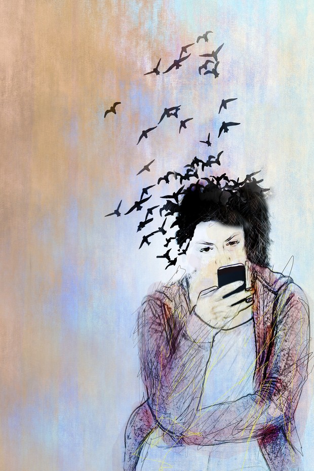 Conceptual illustration of a young woman on a smartphone her hair is turning into birds and flying away depicting loss of connection with the real world. (Foto: Getty Images/Science Photo Libra)