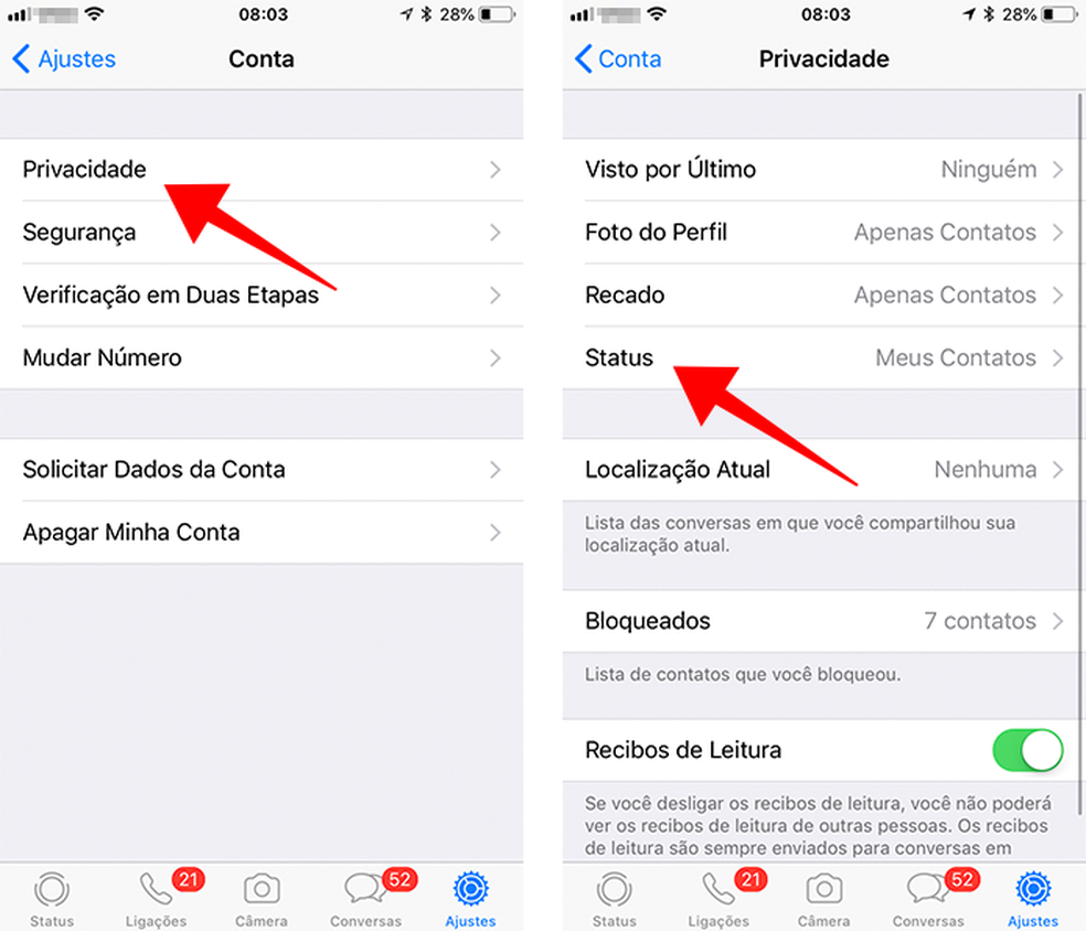 Ajuste a privacidade da ferramenta de Status (Foto: Reprodução/Paulo Alves)