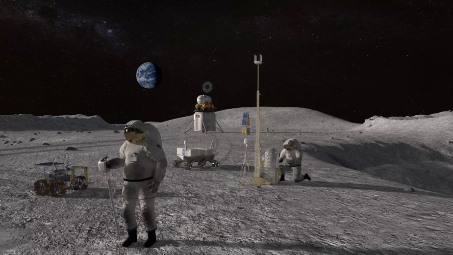 Ilustração de astronauta trabalhando na Lua na futura colonização do satélite