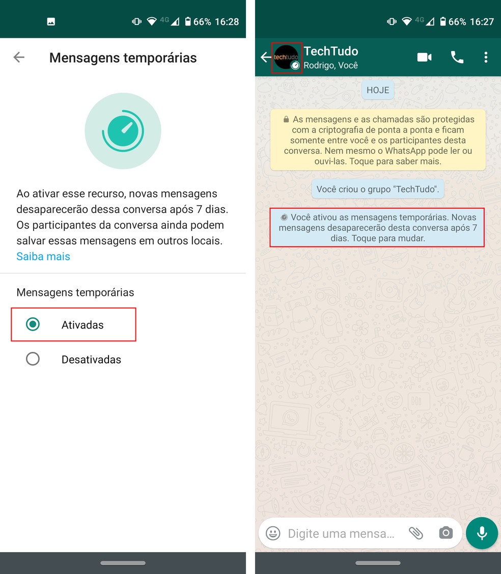 Como enviar mensagem temporária no WhatsApp: ativando a função no Android — Foto: Reprodução/Rodrigo Fernandes
