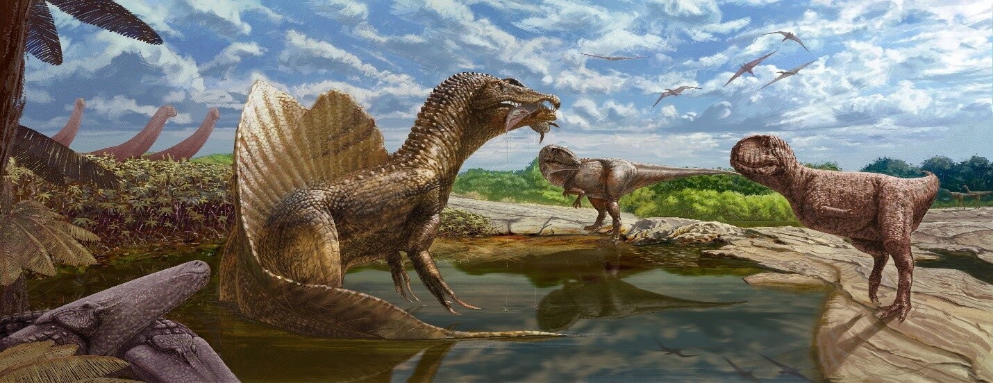 O recém-descoberto abelissaurídeo (direita) confronta Spinosaurus (centro esquerdo, com peixes nas mandíbulas) e Carcharodontosaurus (centro direito) (Foto: Andrew McAfee/Museu Carnegie de História Natural)