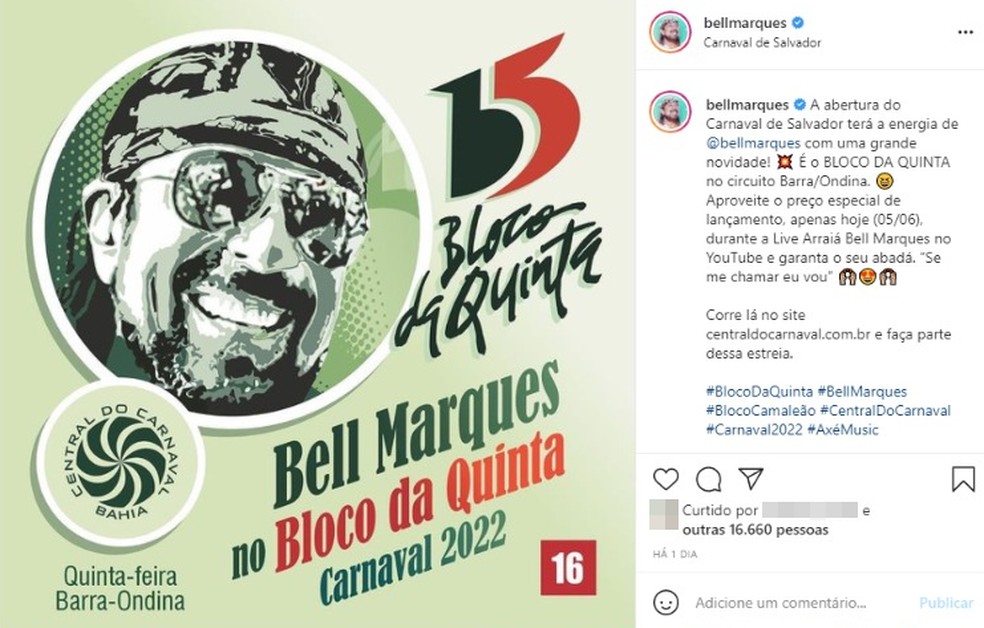 Bell Marques anuncia lançamento de novo bloco para o Carnaval e esgota abadás em horas — Foto: Reprodução / Redes Sociais
