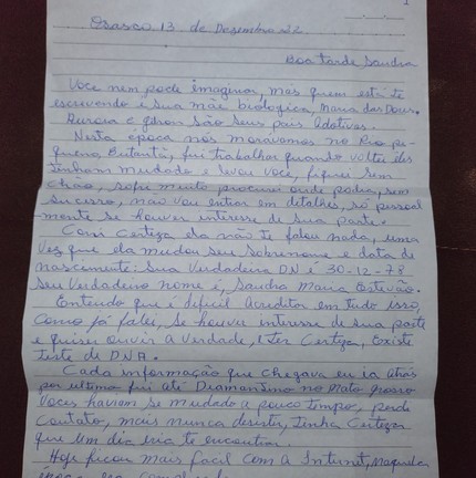 Carta de Maria das Dores Estevão para a filha Sandra Maria.  — Foto: Arquivo pessoal