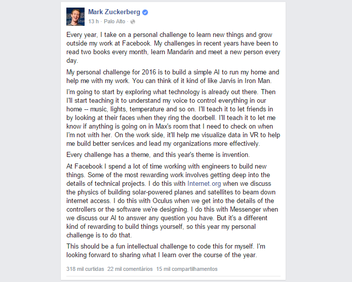 Mark Zuckerberg publicou resolução de ano novo em seu Facebook (Foto: Reprodução)