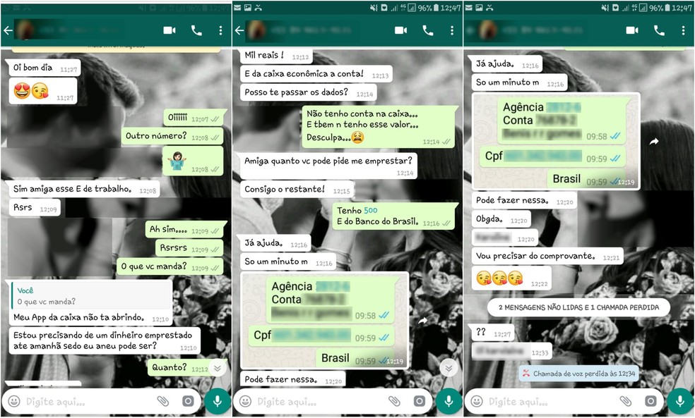 Criminosos aplicam golpe hackeando celular da vÃ­tima e se passando por ela no WhatsApp para pedir dinheiro (Foto: Arquivo Pessoal)