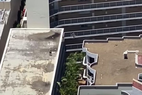 O flagrante do salto do indivíduo no vãos de 5 metros entre prédios na Austrália (Foto: Reprodução)