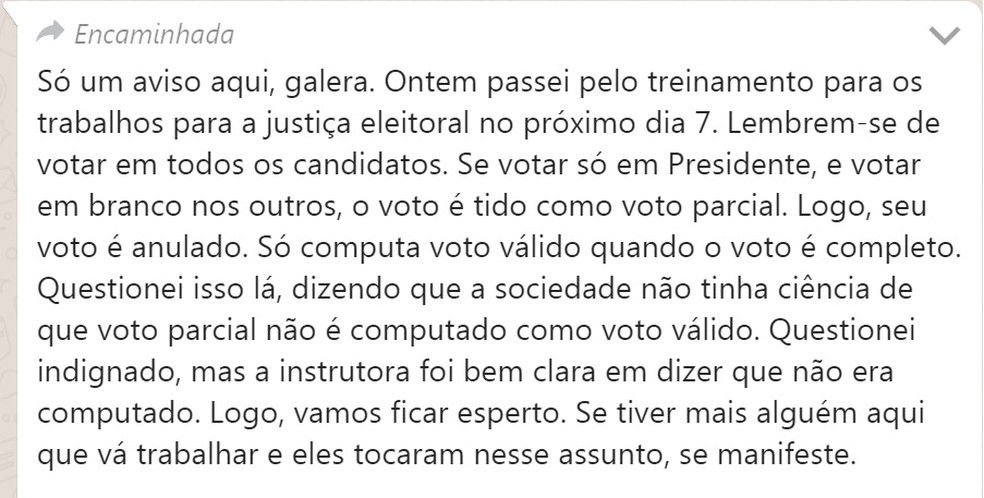 Mensagem com conteúdo falso diz que voto apenas em presidente não é computado como voto válido — Foto: Reprodução/ WhatsApp
