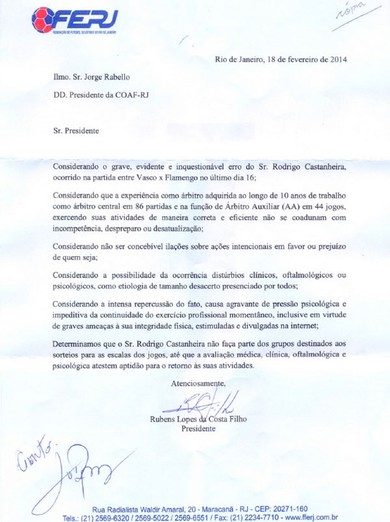 Após pressão do Vasco, Ferj notifica Conaf sobre afastamento de auxiliar