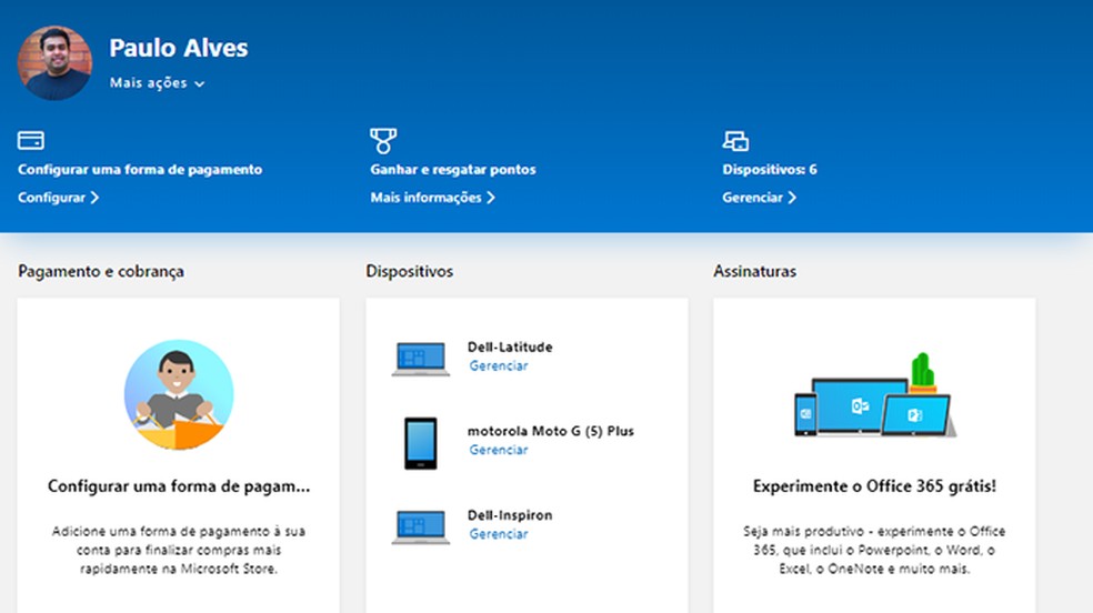 App de configurações deverá ficar parecido com tela de conta da Microsoft na web  — Foto: Reprodução/Paulo Alves